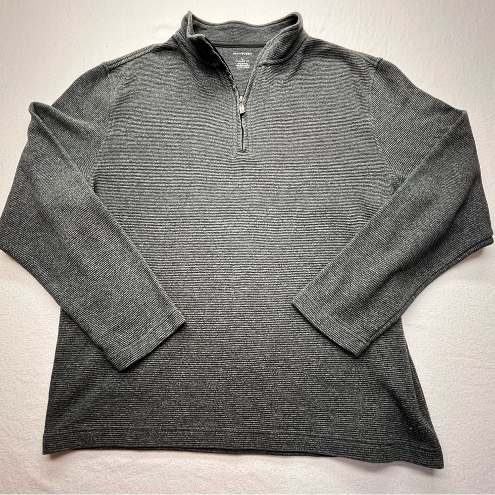 VAN HEUSEN Long Sleeve Pullover Quarter Zip Knit Dark Gray Men's Large